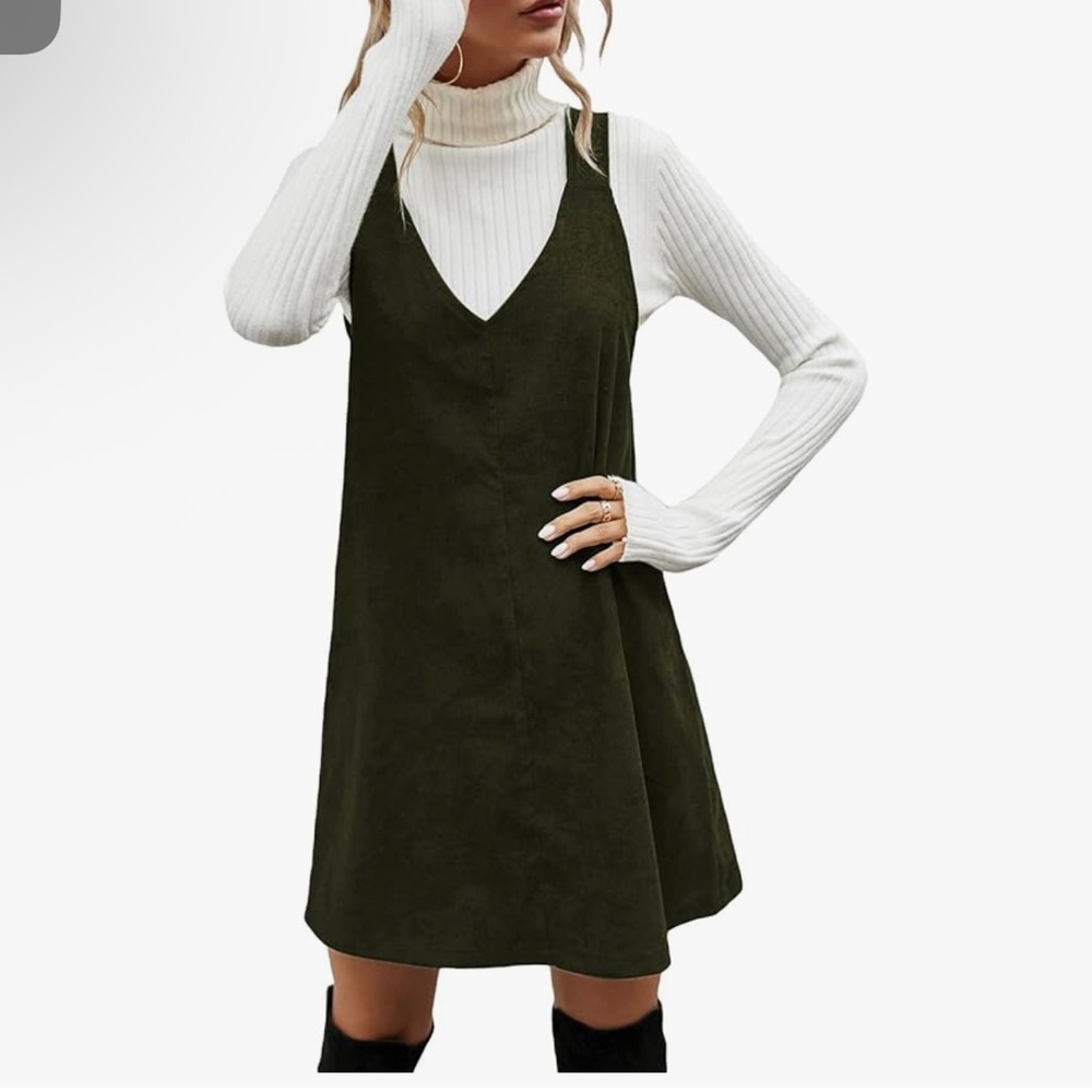 Olive Green Sleeveless Dress with White Ribbed Turtleneck